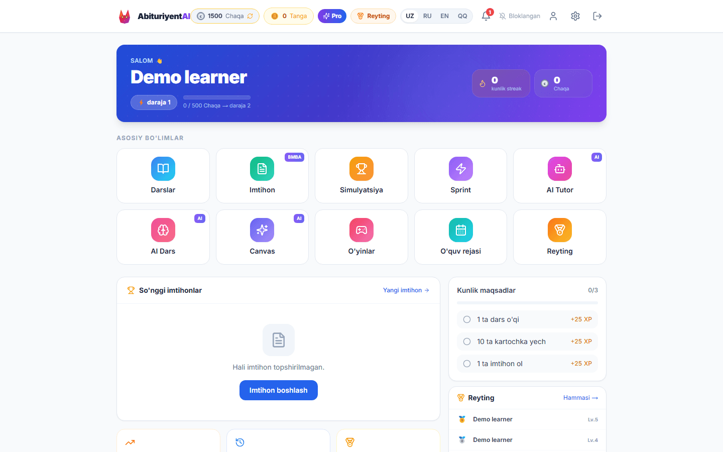 The AbituriyentAI guest dashboard showing lessons, exam, simulation, sprint, tutor and study-plan areas