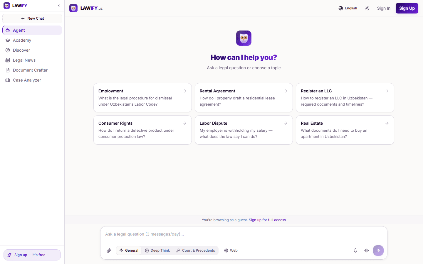 The public Lawify guest workspace showing Agent, Academy, Discover, Legal News, Document Crafter and Case Analyzer