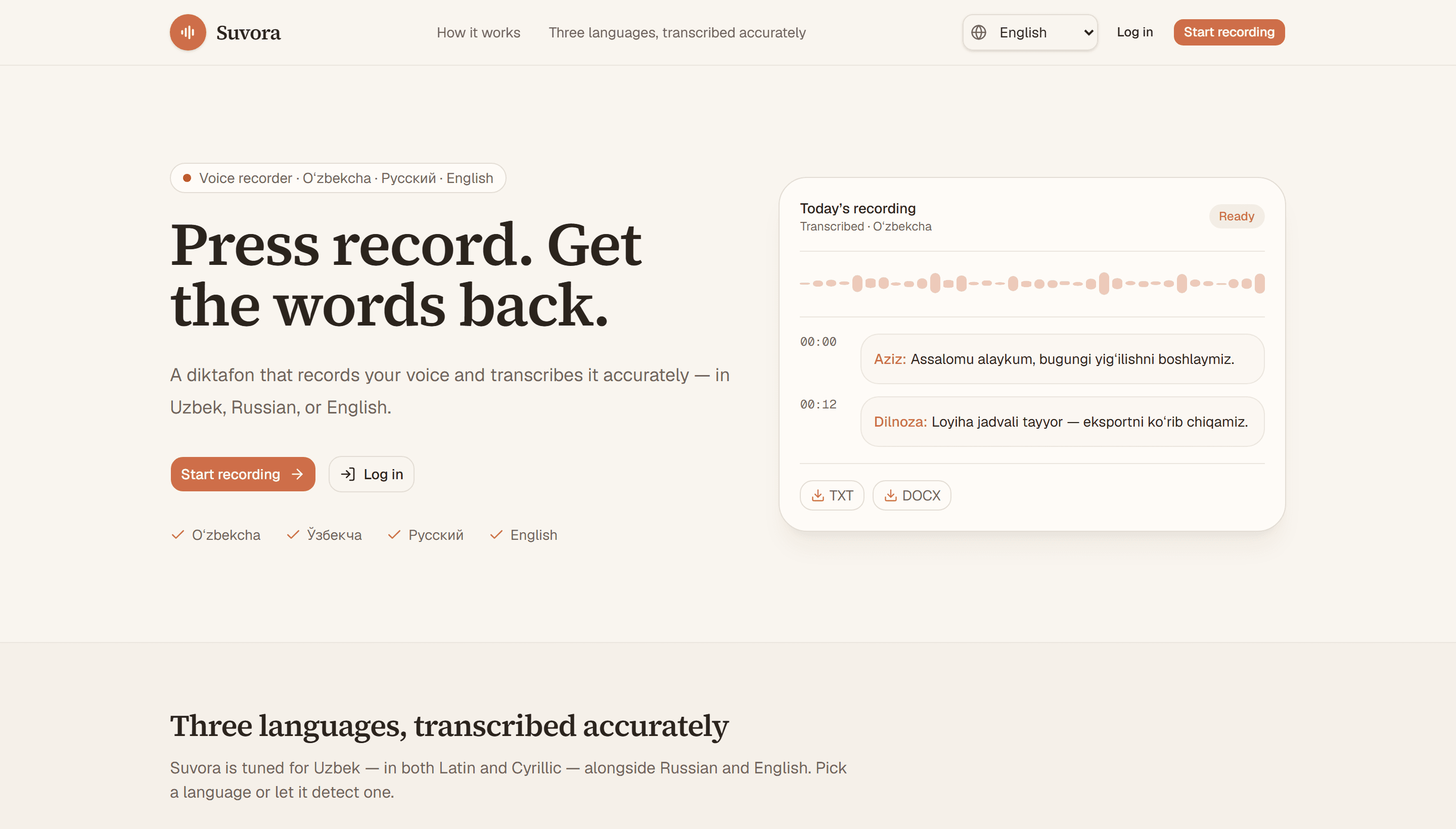 The public Suvora landing page showing a transcribed recording with speaker labels, timestamps and export options